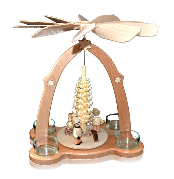 4er Teelichtpyramide - Winterkinder mit Spanbaum, Original Erzgebirge